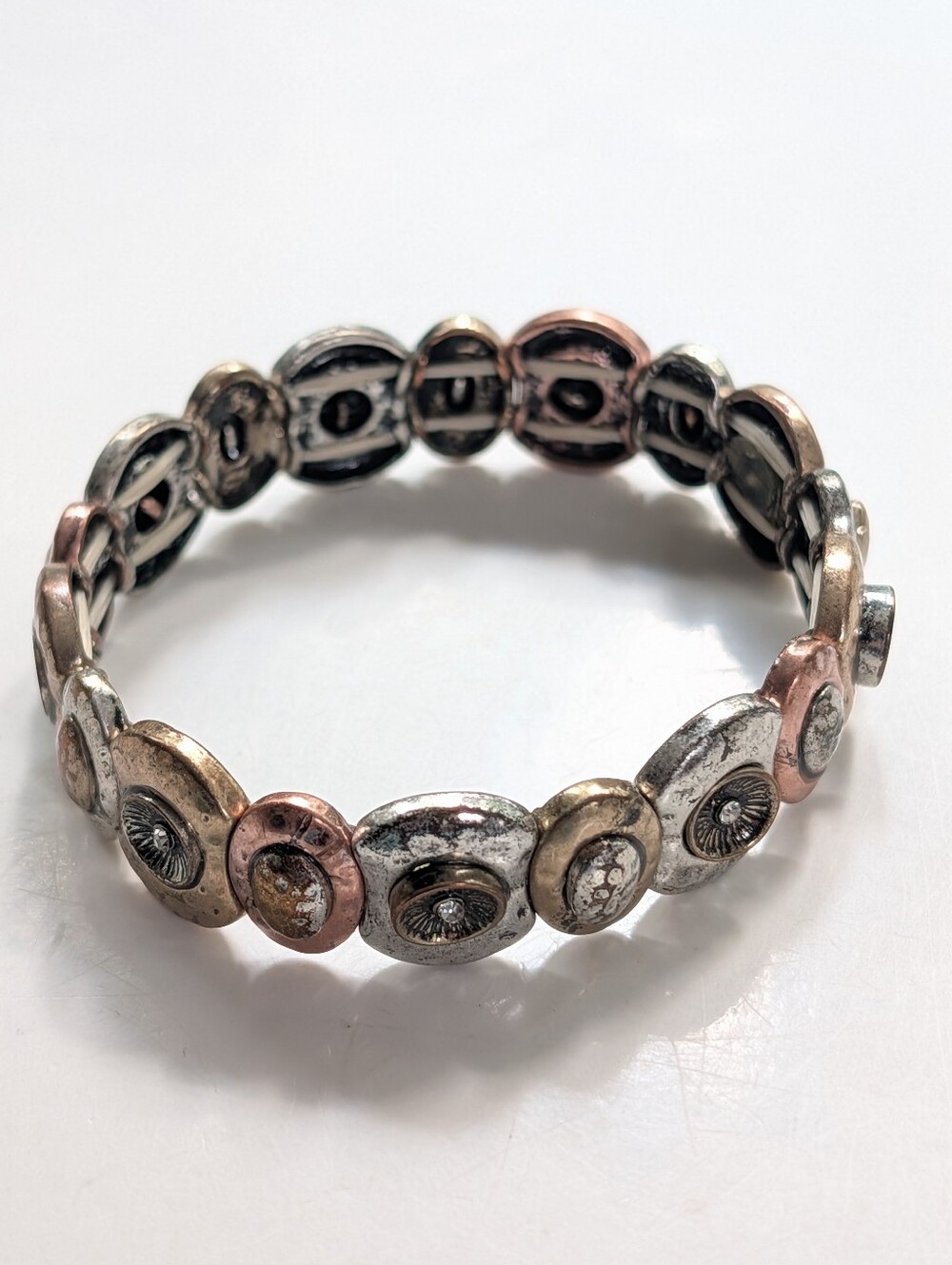 Vintage Mixed Metal Hammered Rhinestone Boho Style Hippie Stretch Bracelet